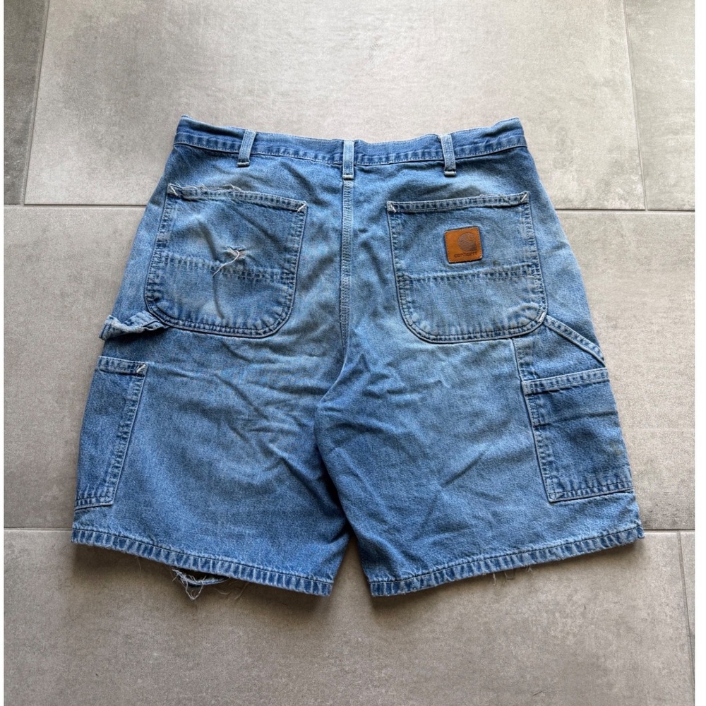 Vintage Carhartt R28 DST Mens 34 Blue Denim Carpenter Shorts Distressed Workwear